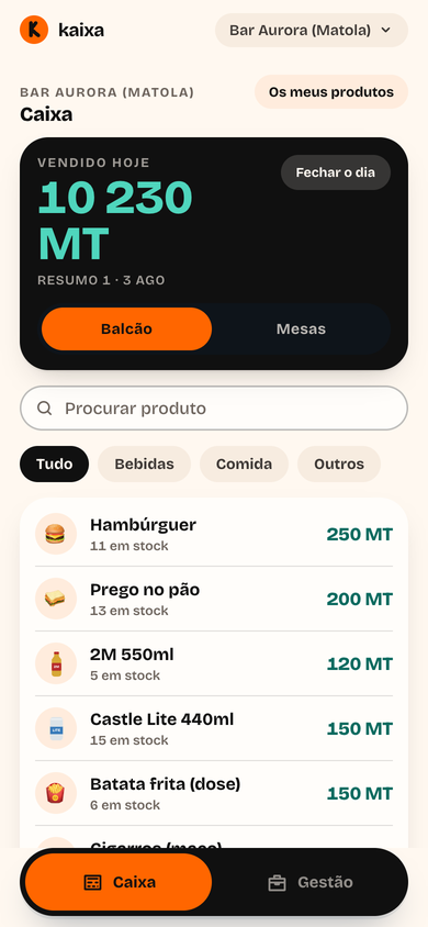 O ecra da caixa na kaixa, com o total do dia e a lista de produtos.